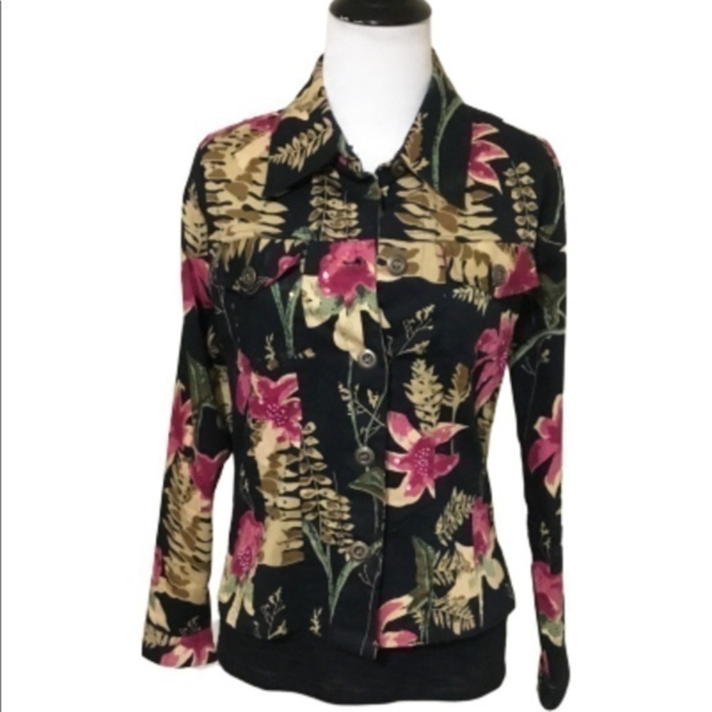 New Identity Black Burgundy Tan Tropical Floral Tailored Stretchy Jack…